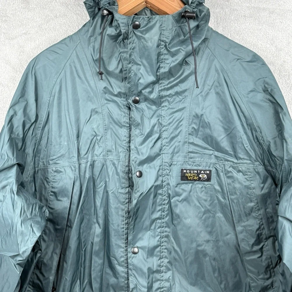 Mountain Hard Wear Rain Coat Mens L Green Hooded Waterproof Full Zip Snaps